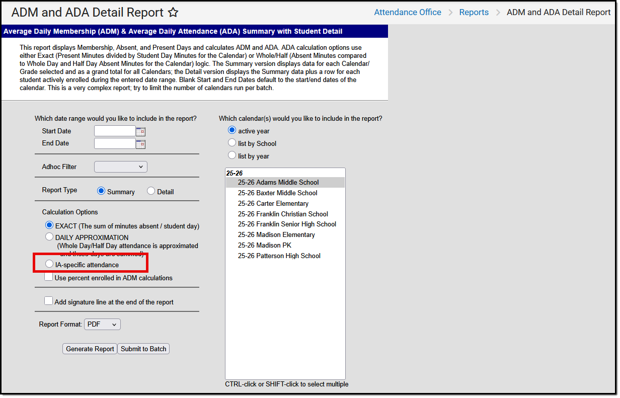 Screenshot of the Iowa ADM/ADA Detail Report