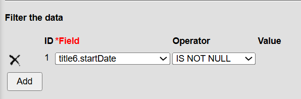 title6.startDate field IS NOT NULL filter