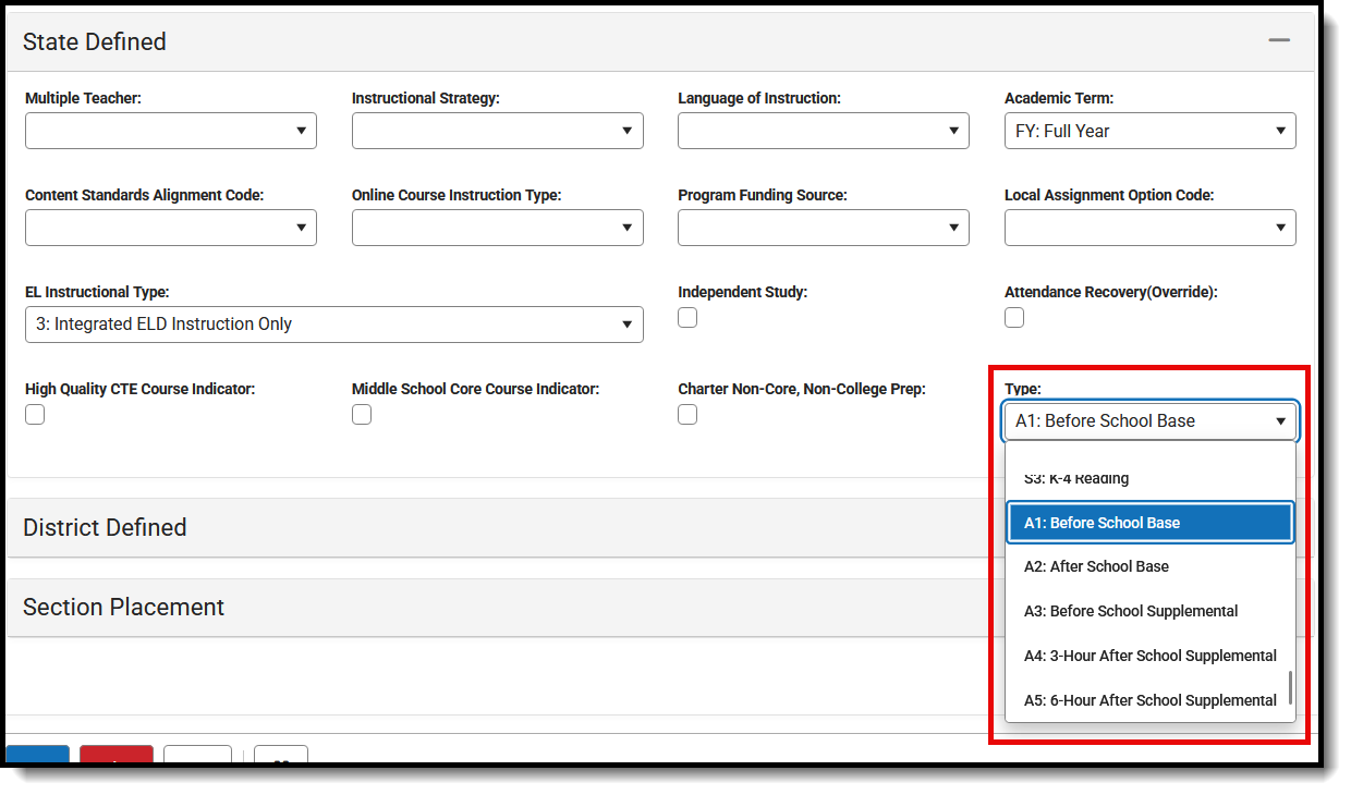 Screenshot of the Type field on the Section Information State Defined card. 