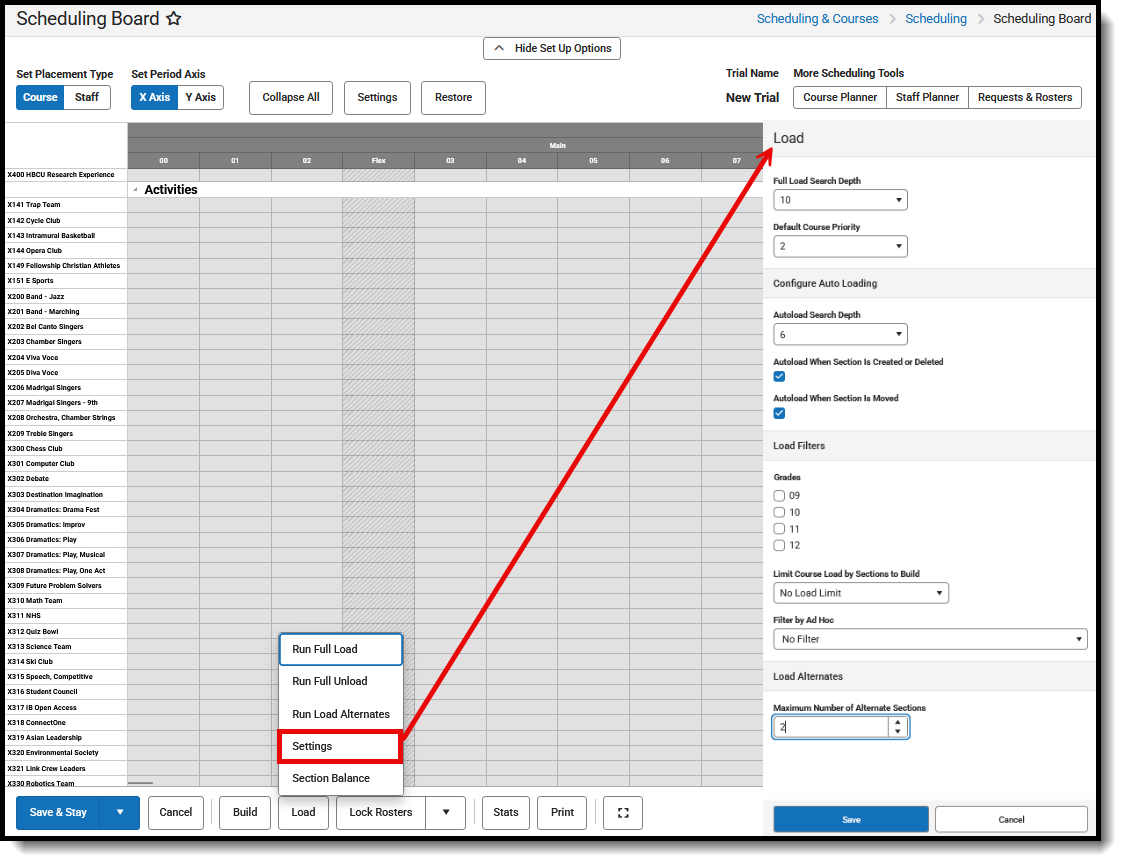Screenshot of the Load Settings Side Panel