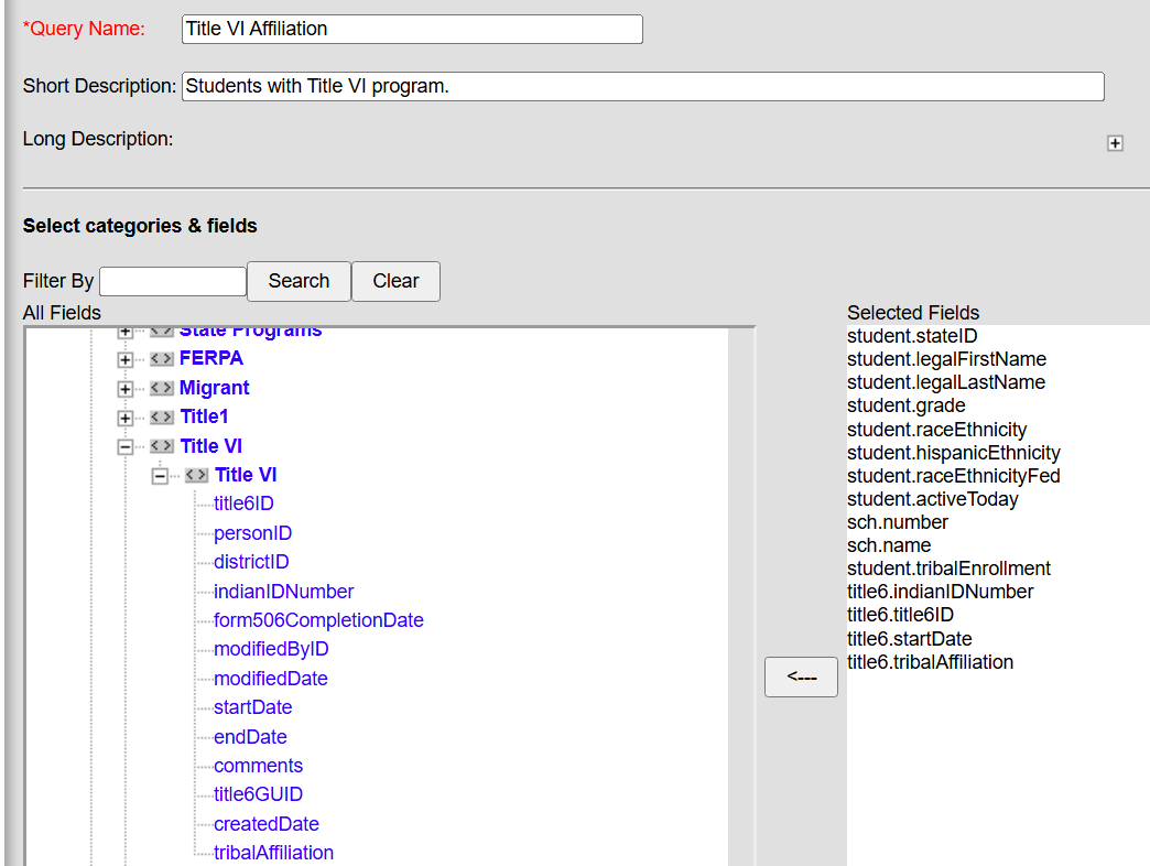 filter designer field selection for Title VI