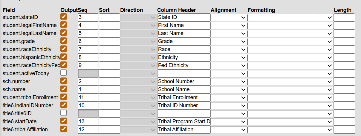 output sequence and column headers