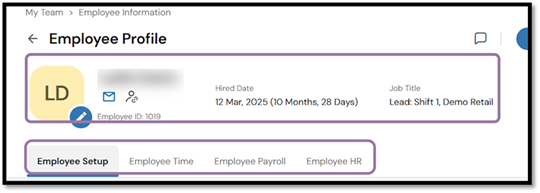 The employee profile opens. At the top, you will see key summary details for the employee. Use the tabs to view more detailed information. 
