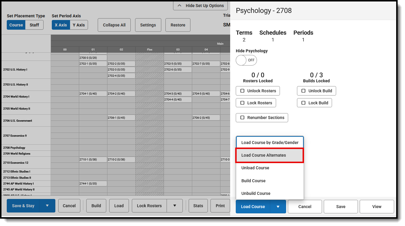 Screenshot of the Course side panel with the Load Course Alternates option highlighted. 