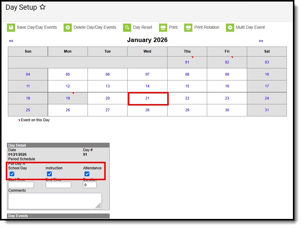 Screenshot of the Day Setup tool, highlighting the school, instruction, and attendance checkboxes on the Day Detail editor. 