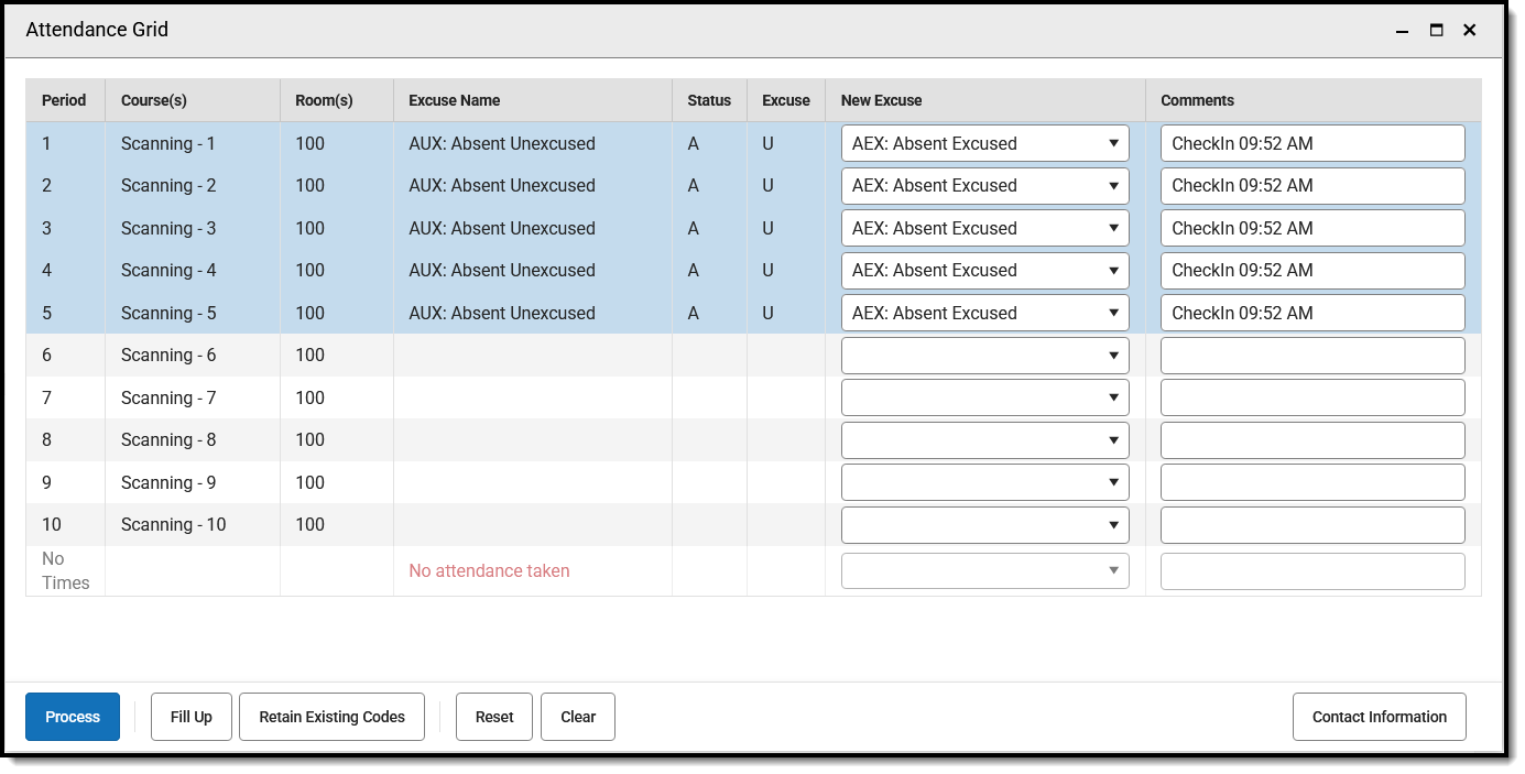 Screenshot of the Absence Request Processing - Attendance Grid