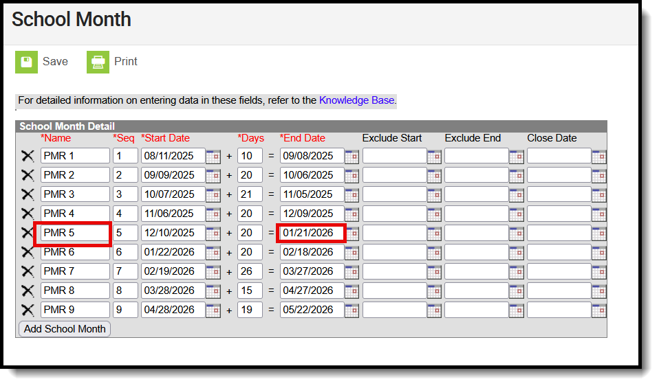 Screenshot of the School Months with PMR 5 dates highlighted. 