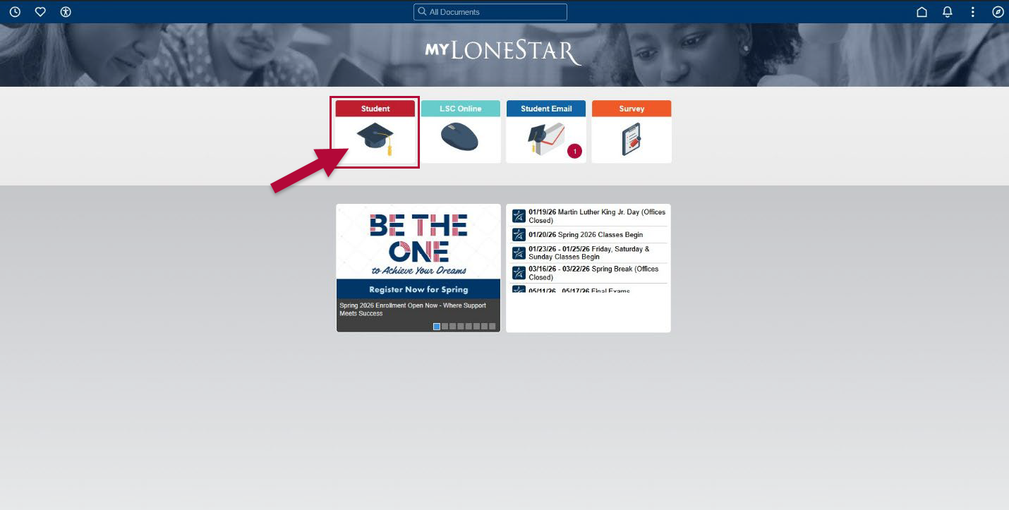 Homepage screen of myLoneStar after logging in as a student. Includes Student, LSC Online, Student Email, and Survey tiles.