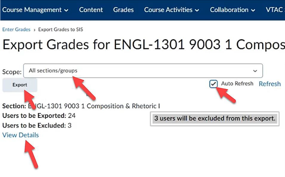 In export page view, arrows points to specifications listed.