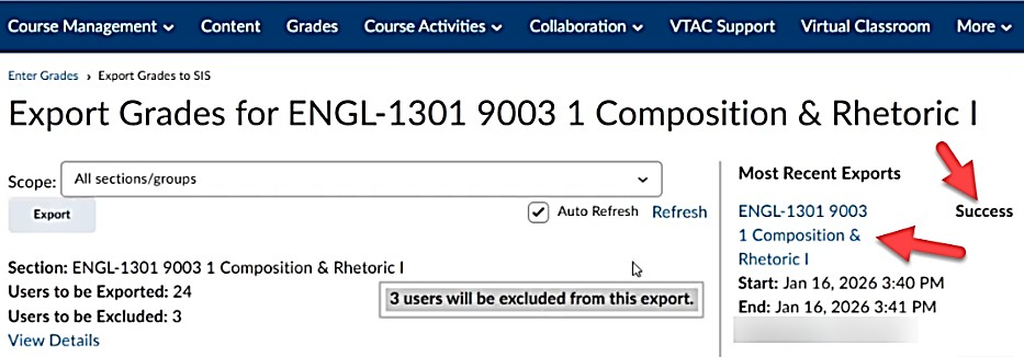 In export page under Most Recent Exports section, a success message is shown.