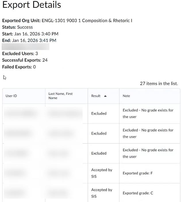 An Export Details report is displayed.