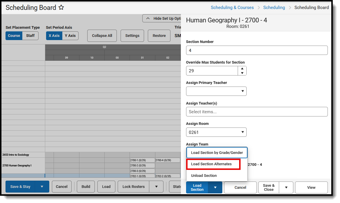 Screenshot of the Section Side Panel showing the Load Section options. 