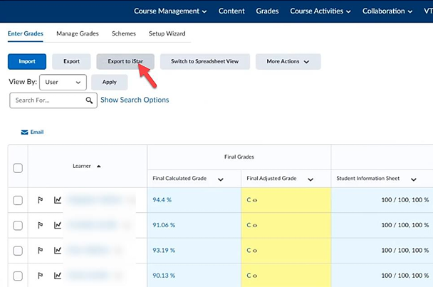 Back in Enter Grades tab page view, an arrow points towards Export to iStar button.