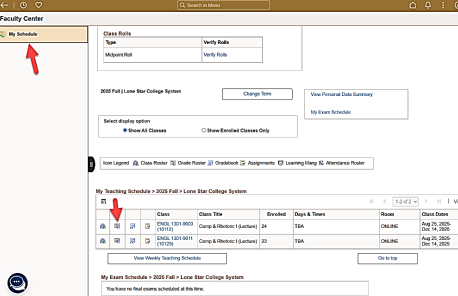 In Faculty Center page on the My Schedule tab view. Arrow points towards grade roster icon under My Teaching Schedule section.