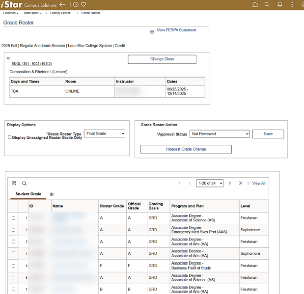 In Grade Roster page view, grades are shown under Student Grade tab section. This verifies that grades have been transferred over from D2L.