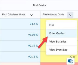 In Final Grades column view under Final Adjusted Grades column, an arrow points towards the dropdown menu to click on Enter Grades menu option.