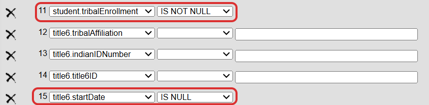 filter for student.tribalEnrollment IS NOT NULL and title6.startDate IS NULL