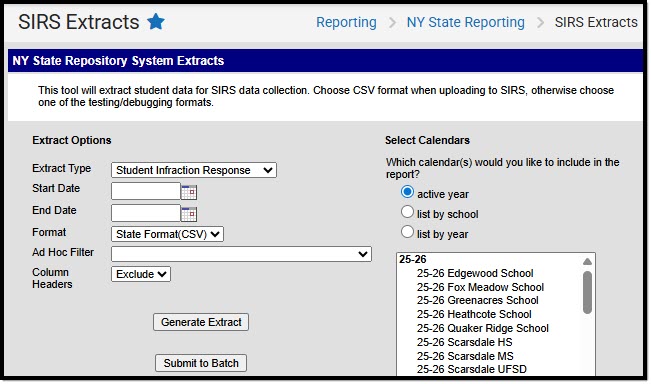 Screenshot of the SIRS Student Infraction Rsponse extract editor.