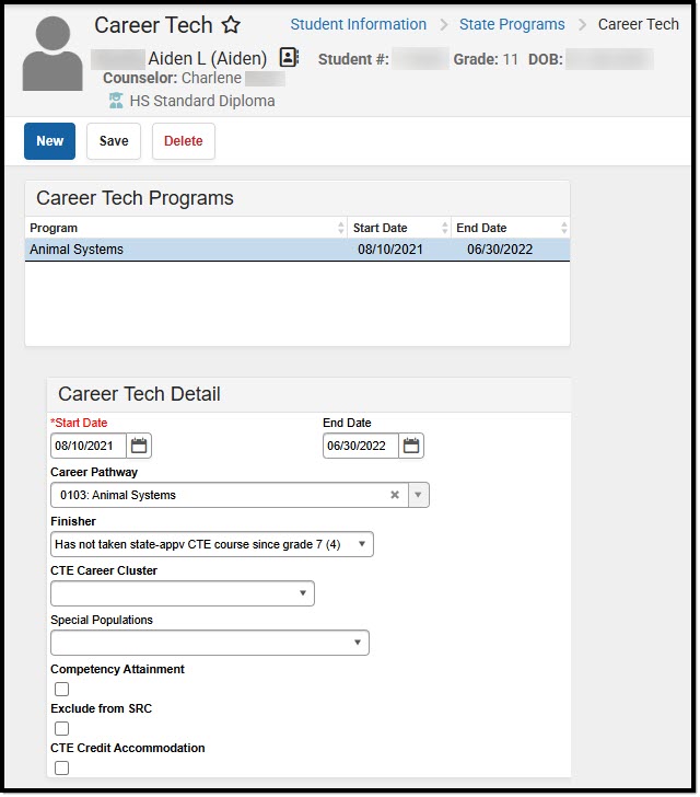 Screenshot of the Career Tech Detail fields.