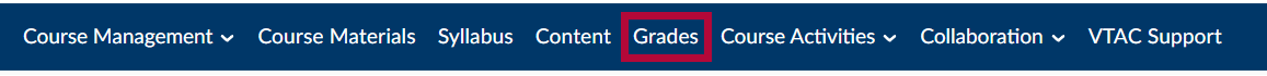 Course homepage view with an arrow pointing towards Grades tab in course navbar.
