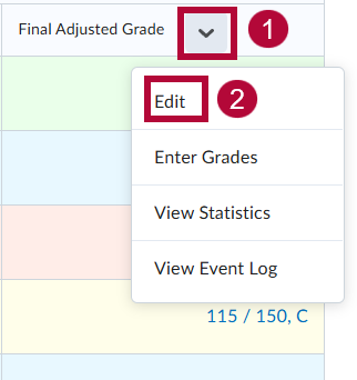In Final Grades column view under Final Adjusted Grades column, an arrow points towards the dropdown menu to click on Edit menu option.