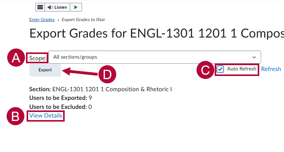 In export page view, arrows points to specifications listed.