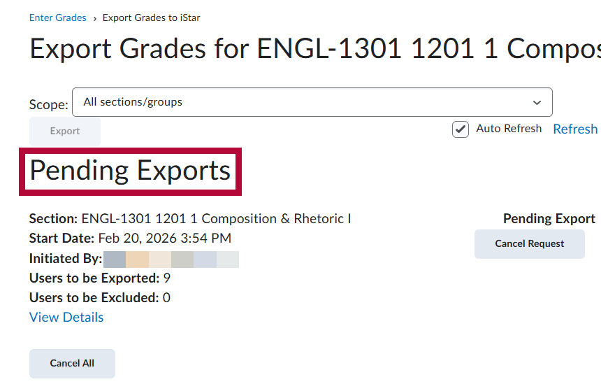 After clicking Export button, a Pending Exports page view load is shown.