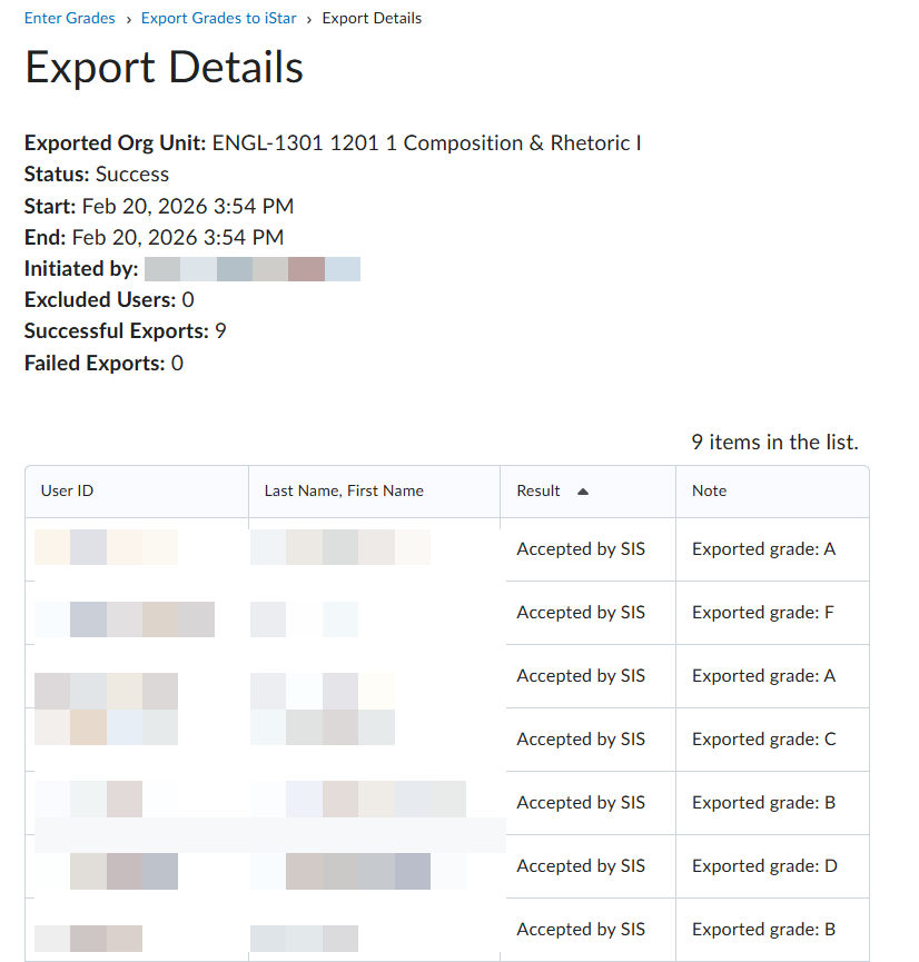An Export Details report is displayed.