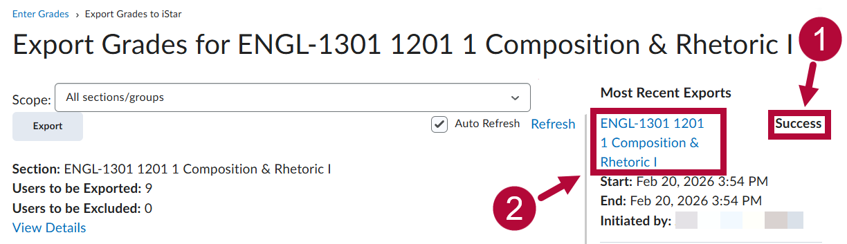 In export page under Most Recent Exports section, a success message is shown.