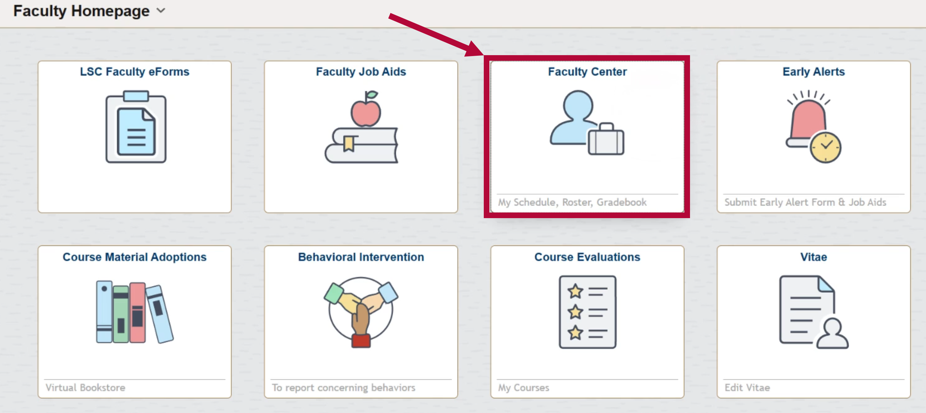 Faculty Homepage view on iStar. Includes various tiles and an arrow pointing towards the Faculty Center tile.