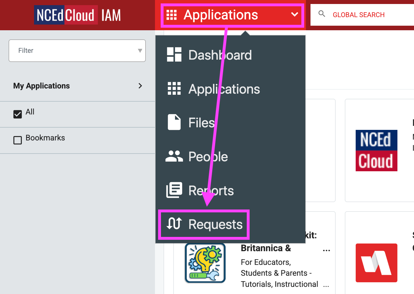 Applications and request menu