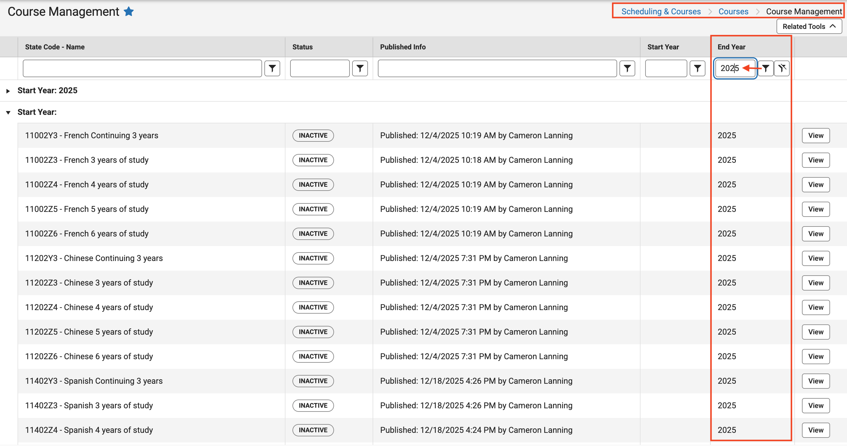 Course management end year filter