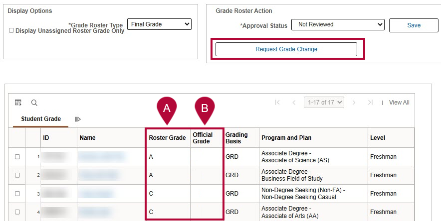 In Grade Roster page view, grades are shown under Student Grade tab section. This verifies that grades have been transferred over from D2L.