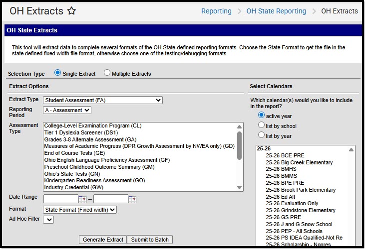 Screenshot of the Ohio Student Assessment (FA) Extract Editor
