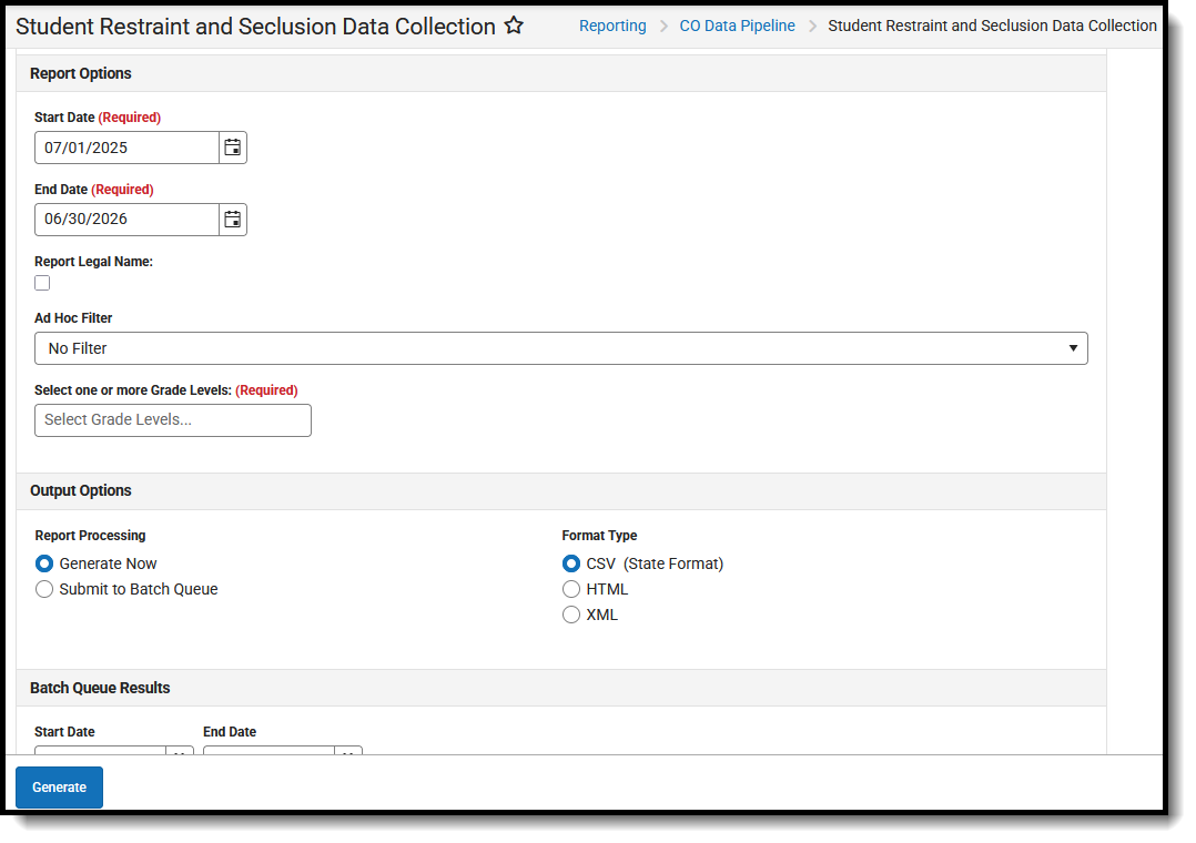 Screenshot of the Student Restraint and Seclusion Data Collection, located at Reporting, CO Data Pipeline