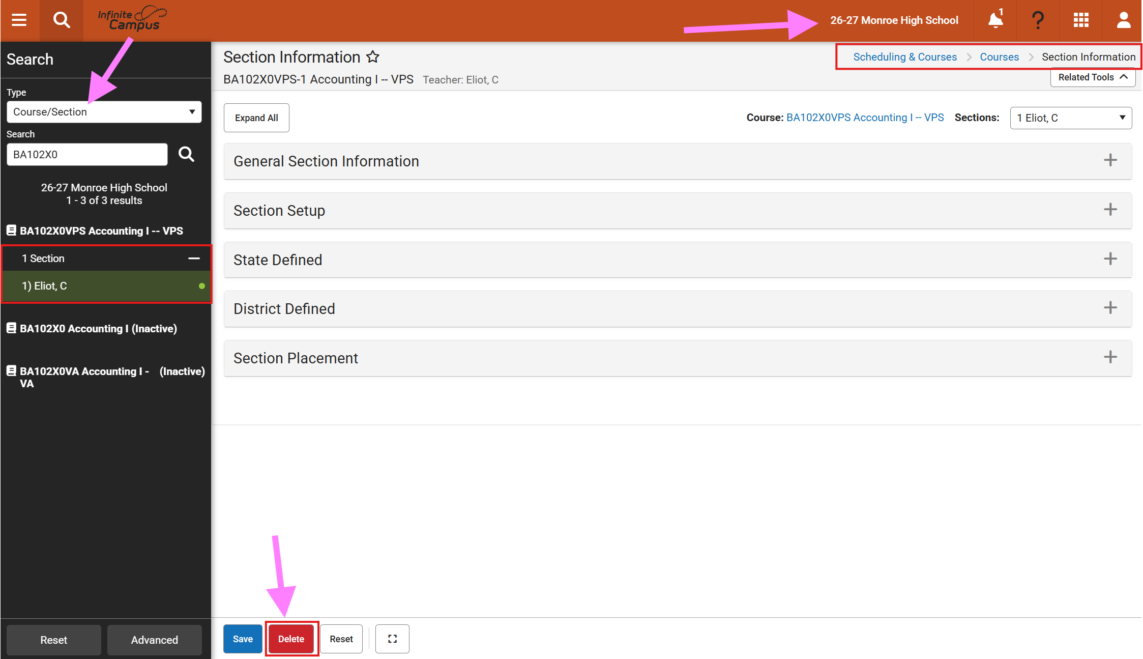 course section deletion of disabled course