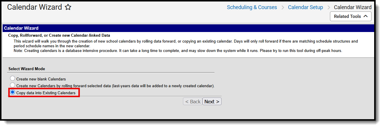 Screenshot of the Calendar Wizard option to copy data into existing calendars