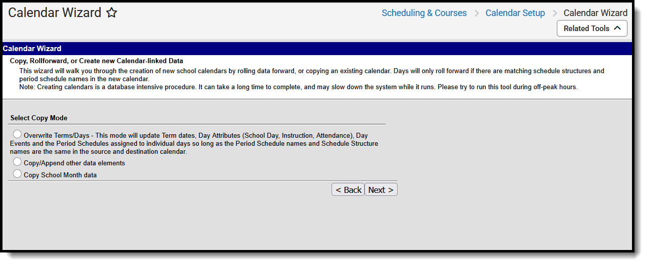 Screenshot of the Copy Modes available for copying data into existing calendars.