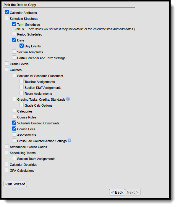 Screenshot of the available attributes to copy when overwrite terms and days