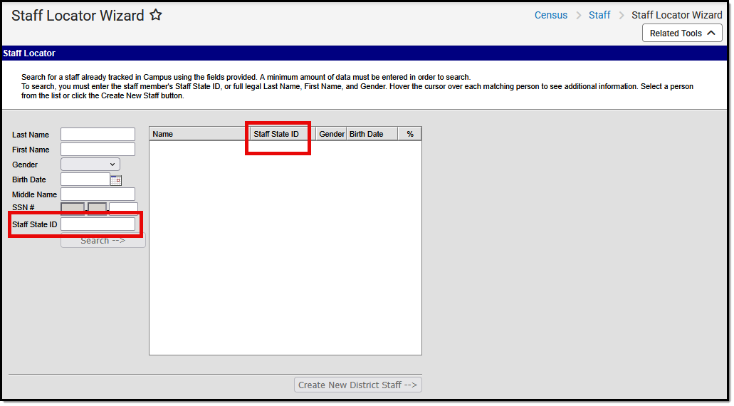 Screenshot of the Staff Locator Wizard with Staff State ID fields highlighted.