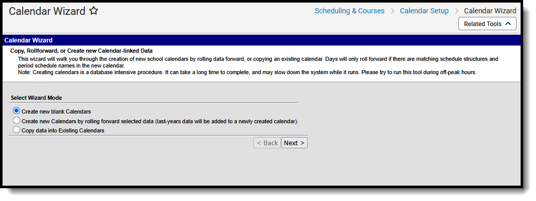 Screenshot of the Calendar Wizard with the Create New Blank Calendars mode selected.