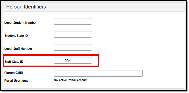Screenshot of an example Person Identifiers screen highlighting Staff State ID field.