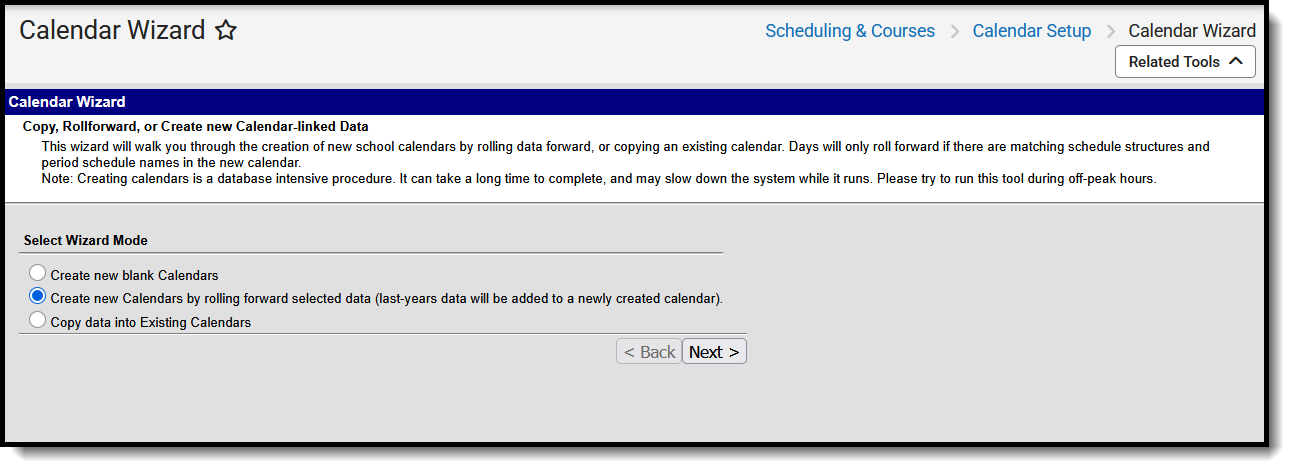 Screenshot of the Calendar Wizard with the roll forward calendar mode selected.