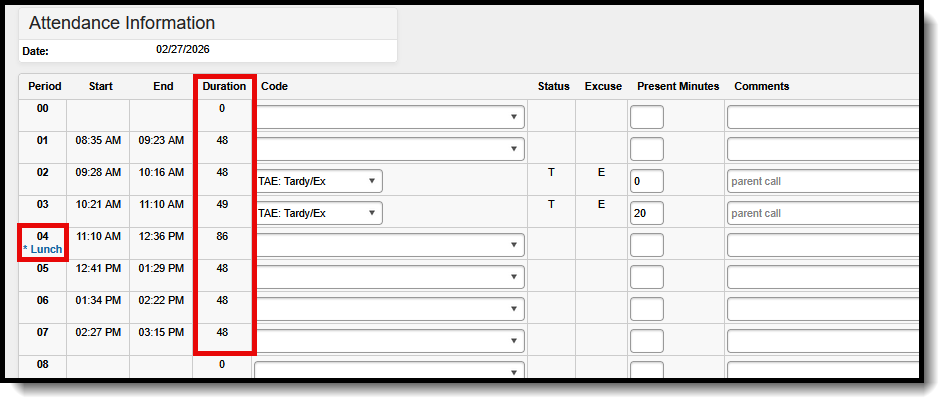 Screenshot of the attendance period grid, highlighting the lunch indicator and period duration. 