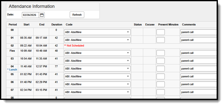 Screenshot of the student's Attendance entry for the day for all periods based on parent call. 