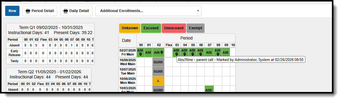 Screenshot of the student's Attendance record with hover text displaying for the Cross-Site course. 