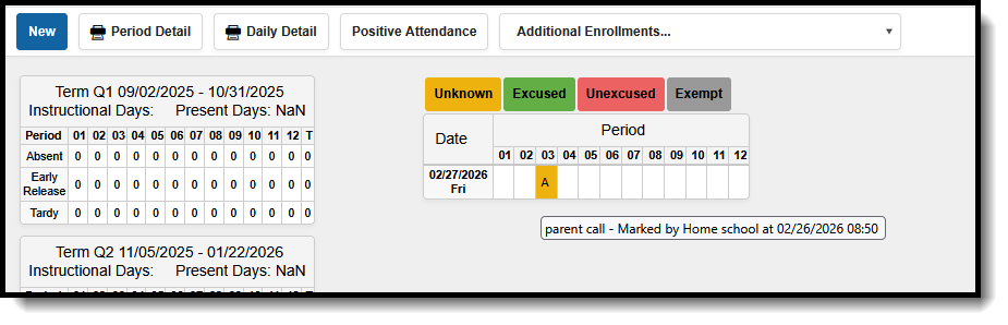 Screenshot of the Student Attendance Entry as viewed by the Serving School