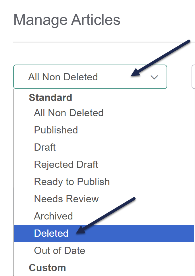 Screenshot showing the manage articles interface, with the article status dropdown open