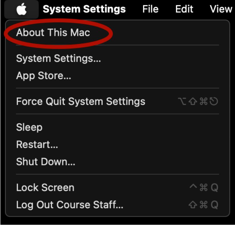 About This Mac is circled as the first item in the Apple icon 