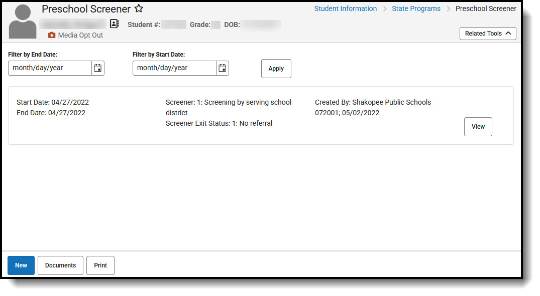 Screenshot of Preschool Screener program with summary records for a student